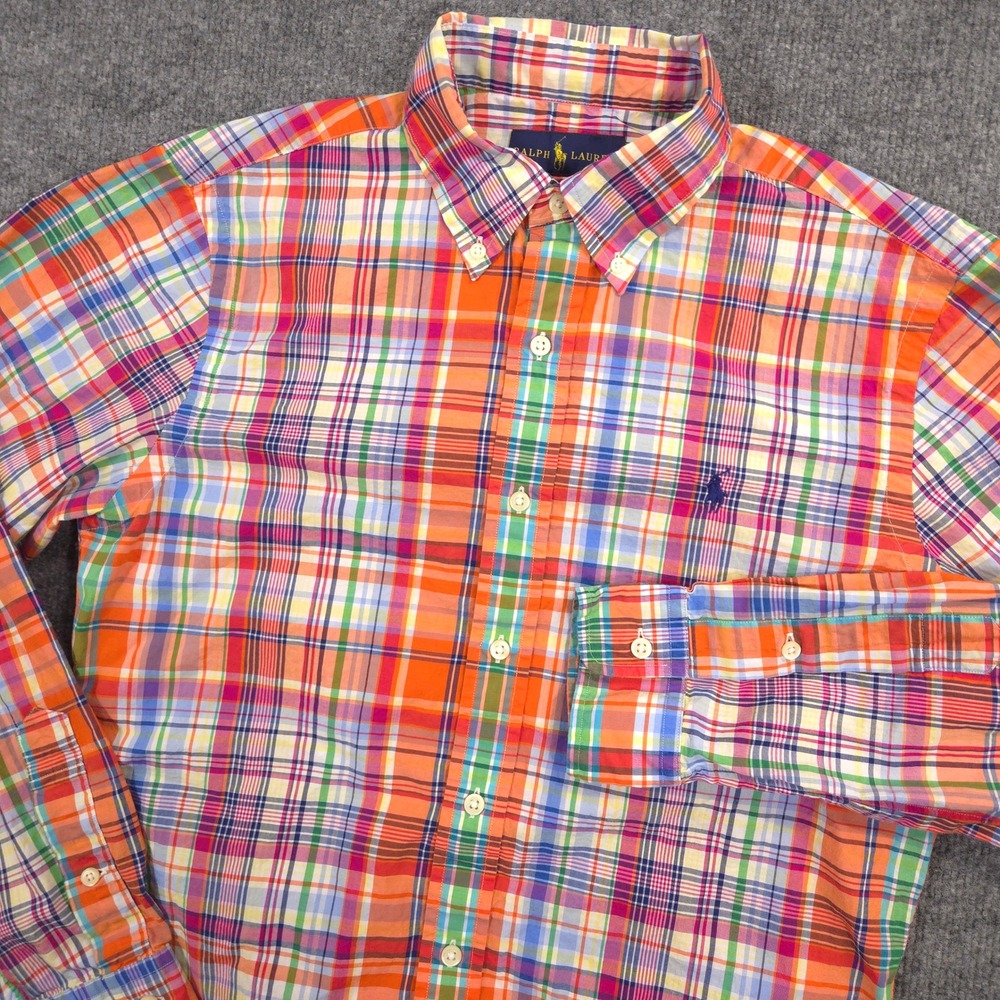 Polo Ralph Lauren Shirt Mens M Multicolor Madras Plaid Colorful Slim Long Sleeve